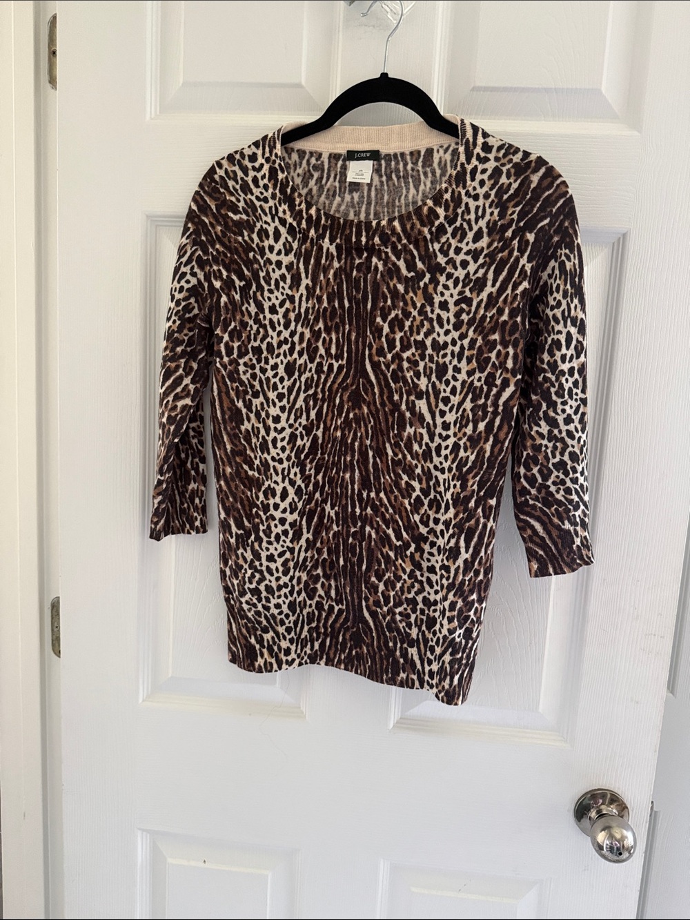 J. Crew 100% Wool Leopard Print Crewneck Sweater in Brown and Cream 3/4 Sleeve